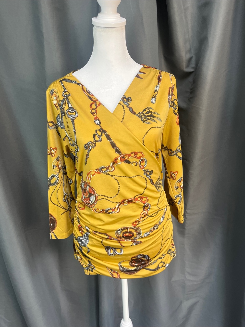 Carmen Marc Valvo Mustard Chain-Print Wrap Ruched Top